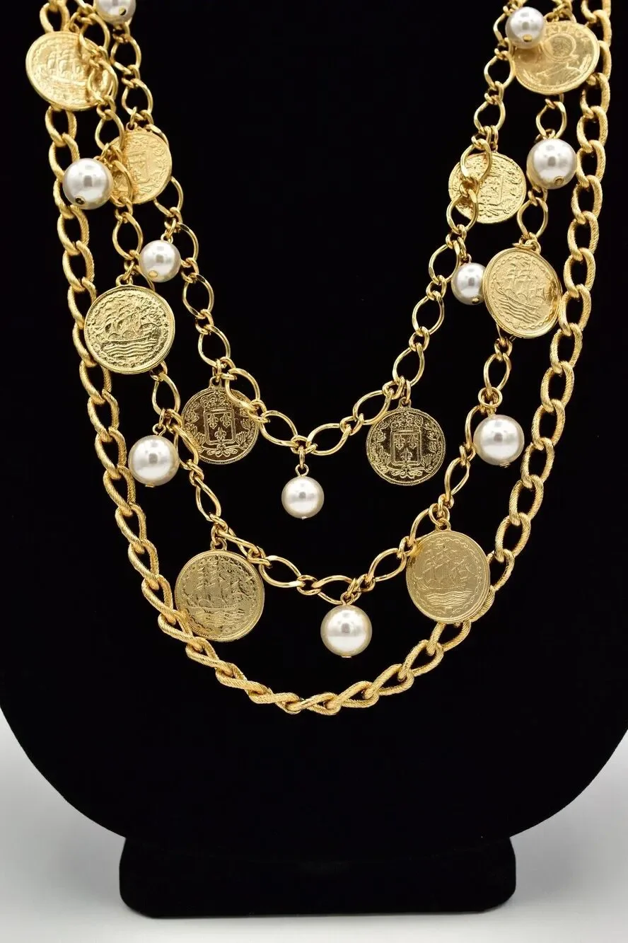 Vintage Coin Multi-Chain Charm Necklace Pearl Chunky Gold Bold 80s 1980s BinBJ
